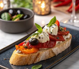 Roasted Sweet Pepper, Whipped Bulgarian Feta Cheese, Fresh Basil, Olives (VG)