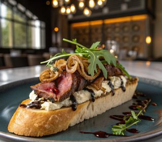 Roast Beef, Gorgonzola Cream, Arugula, Caramelized Onions, Sundried Tomato, Parmesan, Crispy Onions, Balsamic Glaze