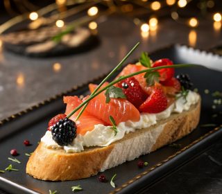 Smoked Salmon, Whipped Cream Cheese With Crème Fraiche , Marinated Tomato, Caper Berries, Chives